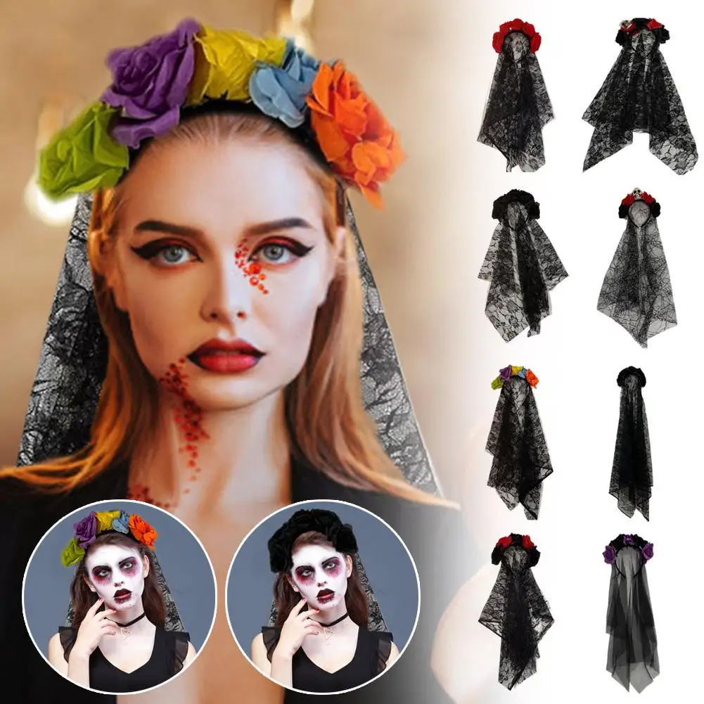 1pcs Black Veil Halloween Rose Flower Headband Costume Flower Dead Rose Cosplay Headband Wedding Mexican Crown Day The Part B5c6