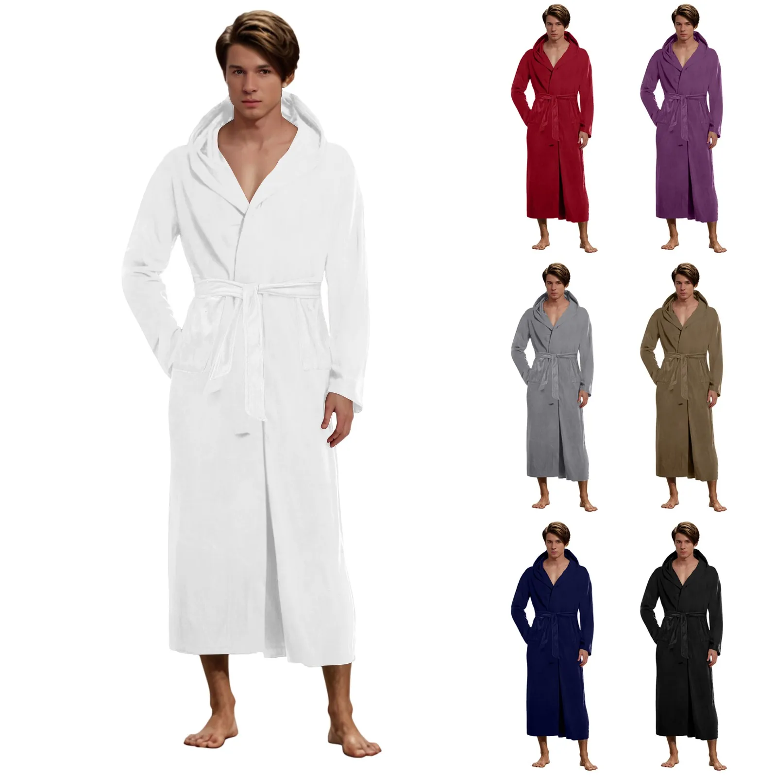 Bath Robe For Men Fall Winter Plus Size Bathrobe Long Sleeve Hooded Nightgown Home Wear Men Solid Plush Pajamas Robe Nightwear