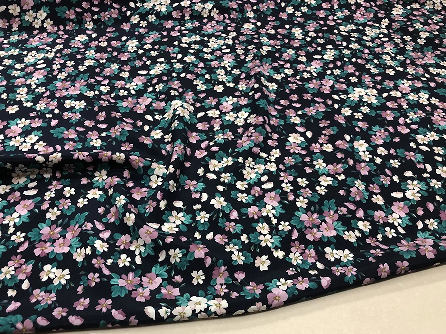 30 Momme Elastic Heavy Crepe High Quality Real Silk Fabric Dark Blue Background Color Little Flower Inkjet Designer