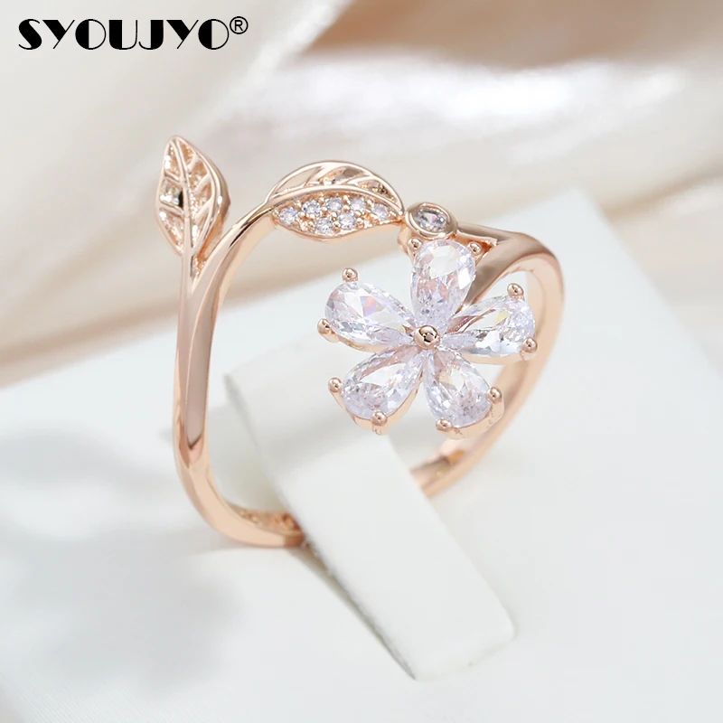 SYOUJYO Crystal Flower 585 Gold Color Retro Opening Women's Ring Natural Zircon Fashion Temperament Party Wedding Jewelry