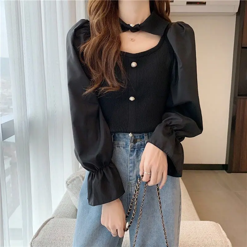 Sweet Korean Patchwork Slim Shirt Tops Spring Autumn Long Sleeve Hollow Out Solid Trend T Shirts Fashion Elegant Women Cloth