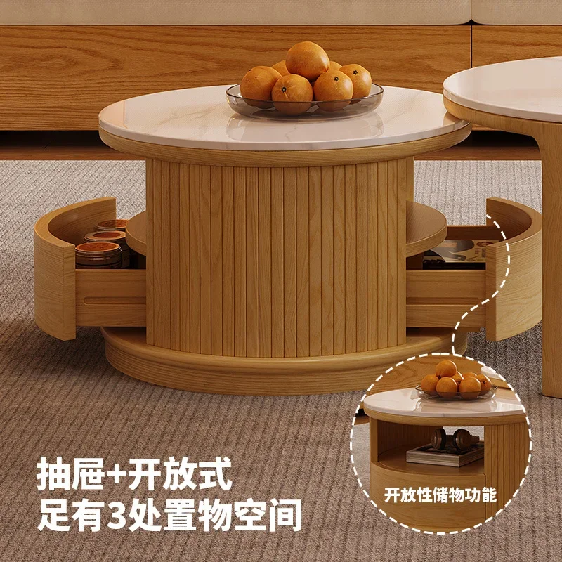 

Ji Yu, log wind, all solid wood rock slab round coffee table size combination retractable small apartment living room