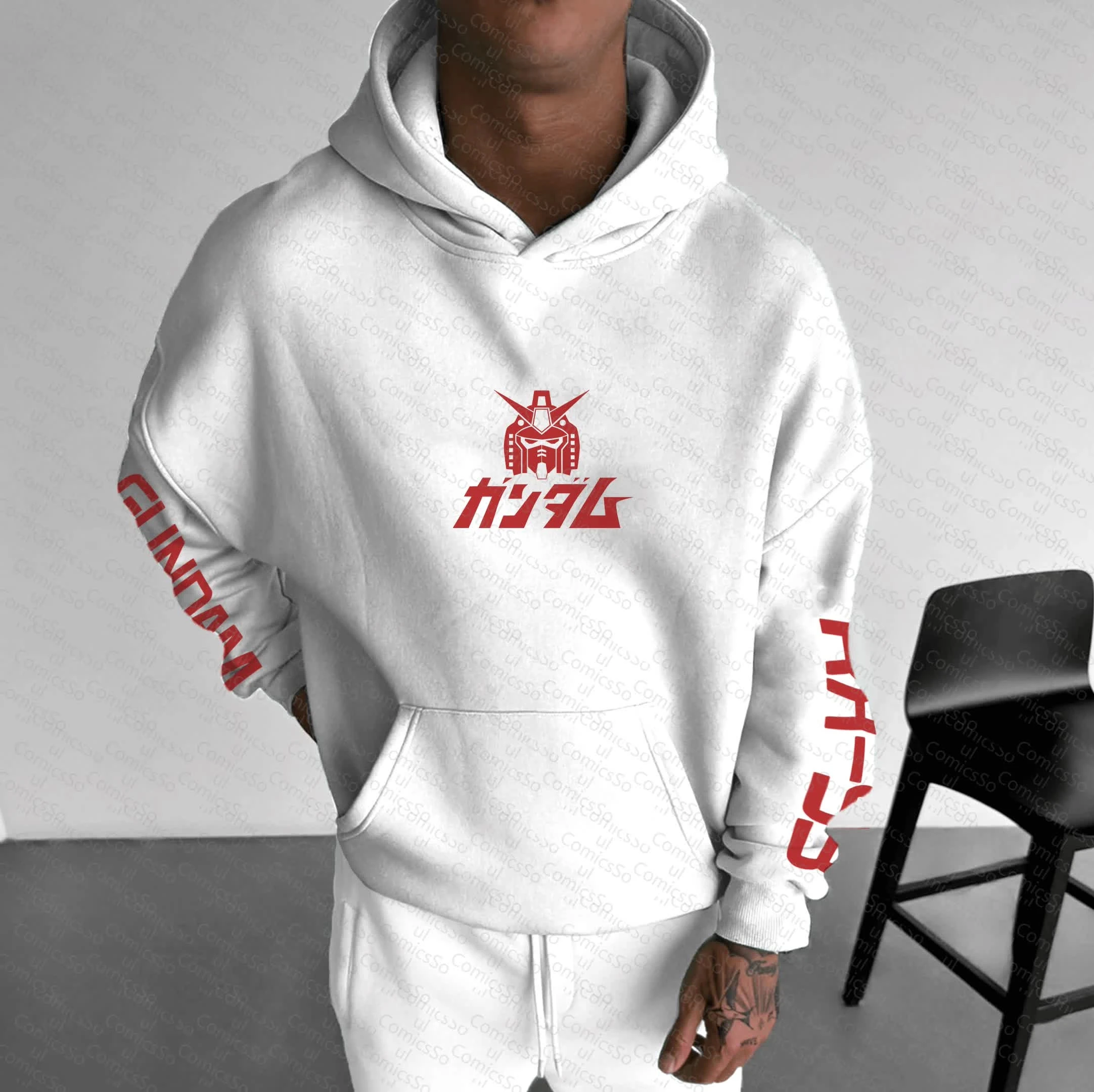 الرجال النساء GUNDAM أنيمي الأبيض هوديي الأحمر شعار روبوت الجرافيك الشارع الشهير عارضة فضفاضة تناسب الجري اللياقة البدنية البلوز