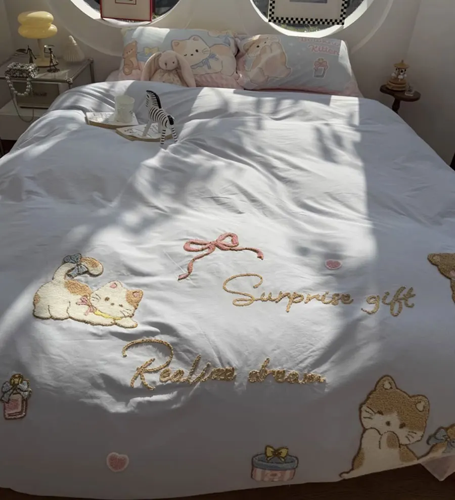 Cute embroidery cat blue pink bed set 1.2 1.5 1.8 2.0,twin full queen king cotton home textile bed sheet pillow case quilt cover