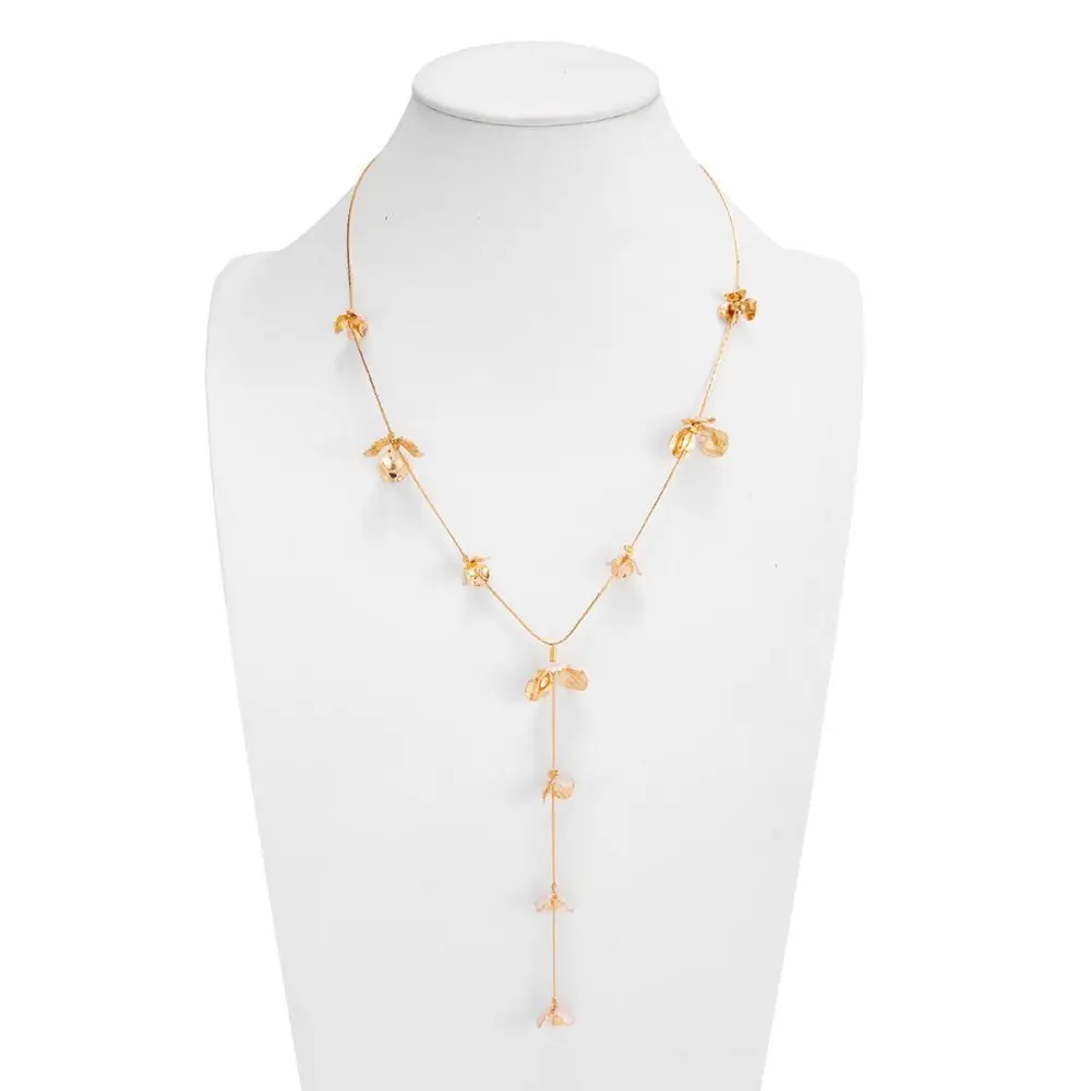 Irregular Design Tassel Necklace Thin Chain Hammered Texture Long Necklace Flower Design Stamen Tassel Clover Necklace
