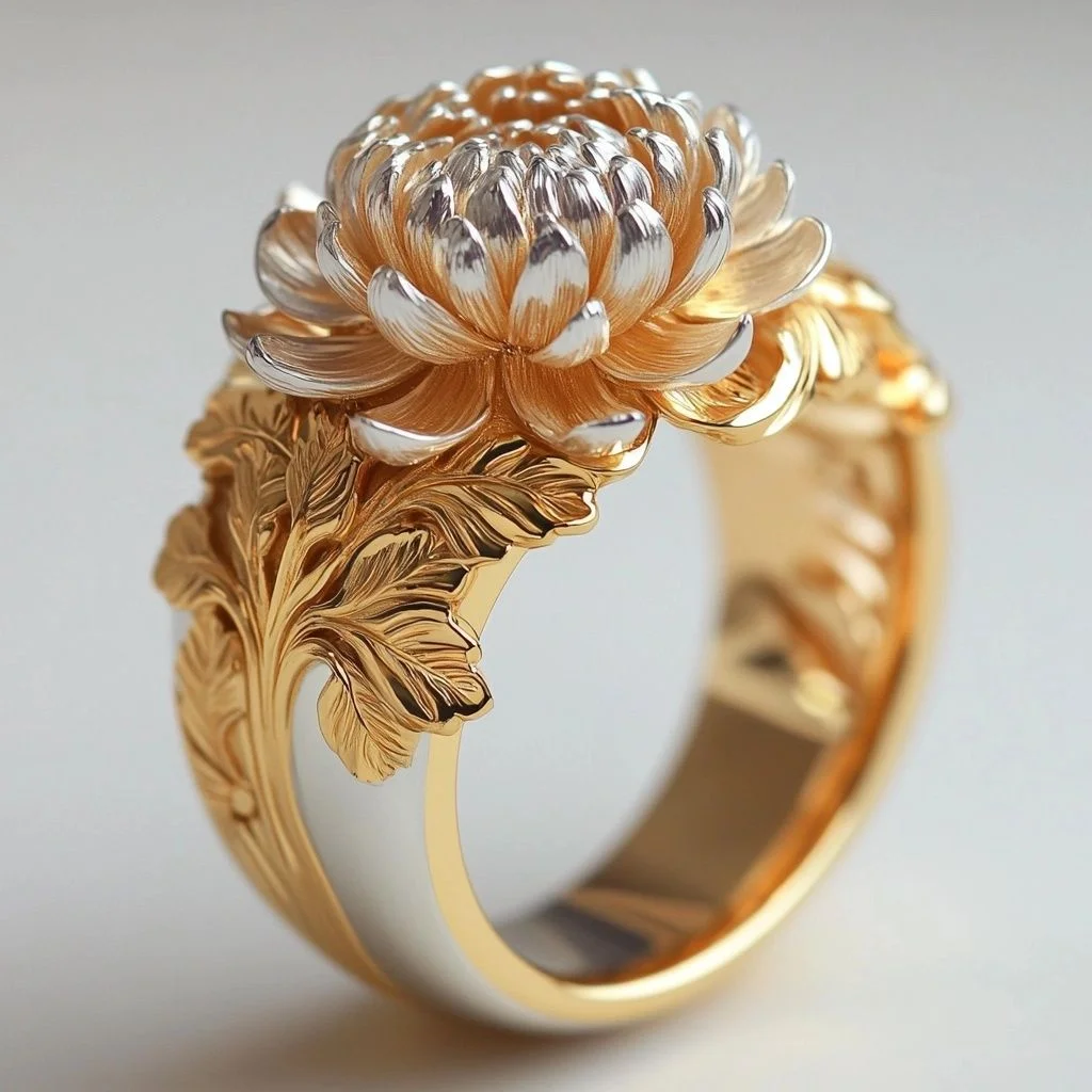 Elegant Relief Double-Color Three-Dimensional Chrysanthemum Copper Jewelry for Ladies, Suitable for Banquets and Parties.