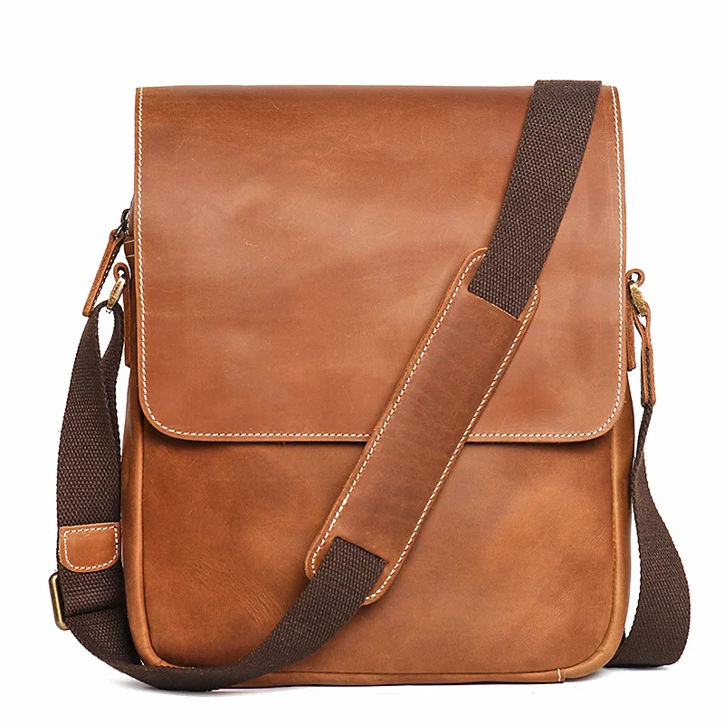 Men's handcrafted leather one-shoulder women's Crazy Horse leather crossbody bag retro fashion cowhide ipad storage