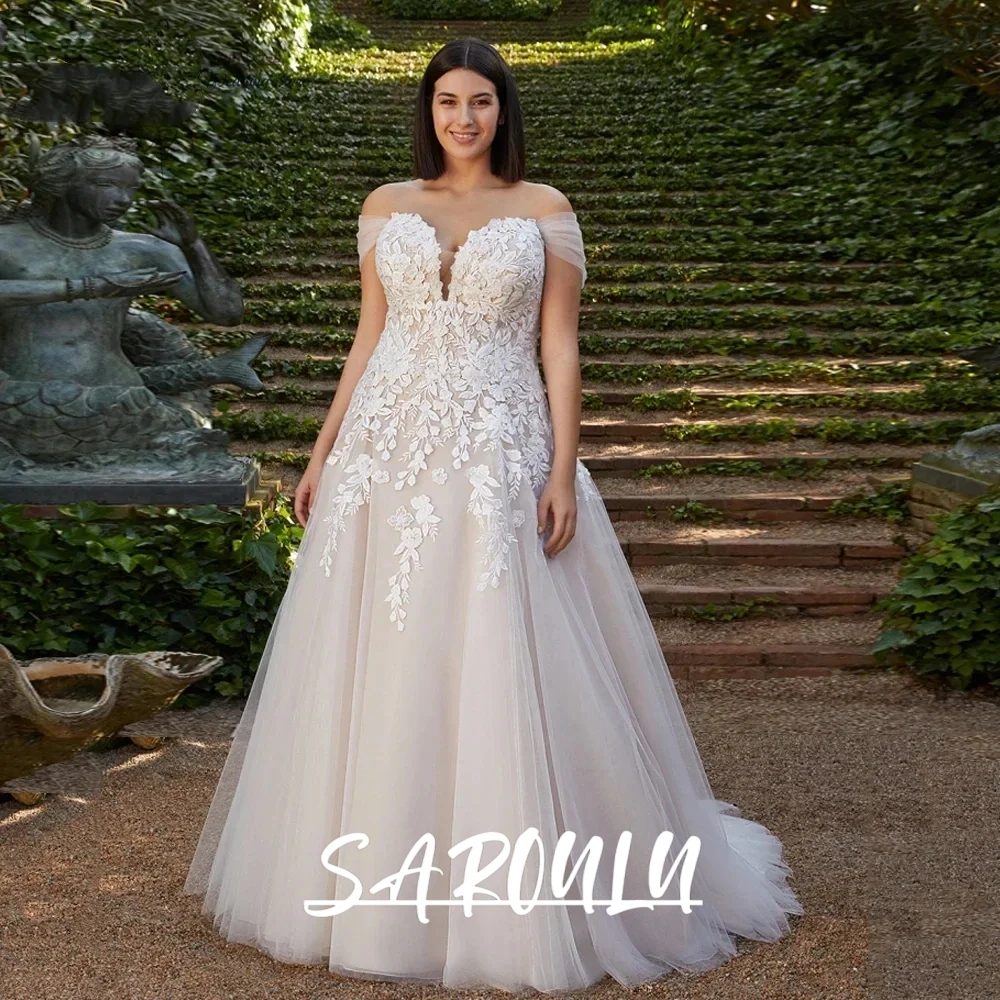 

Plus Size Appliques Wedding Dress, Classic Off Shoulder Outdoor Bridal Gown, Customized Elegant Tulle Delicate Bride Wear