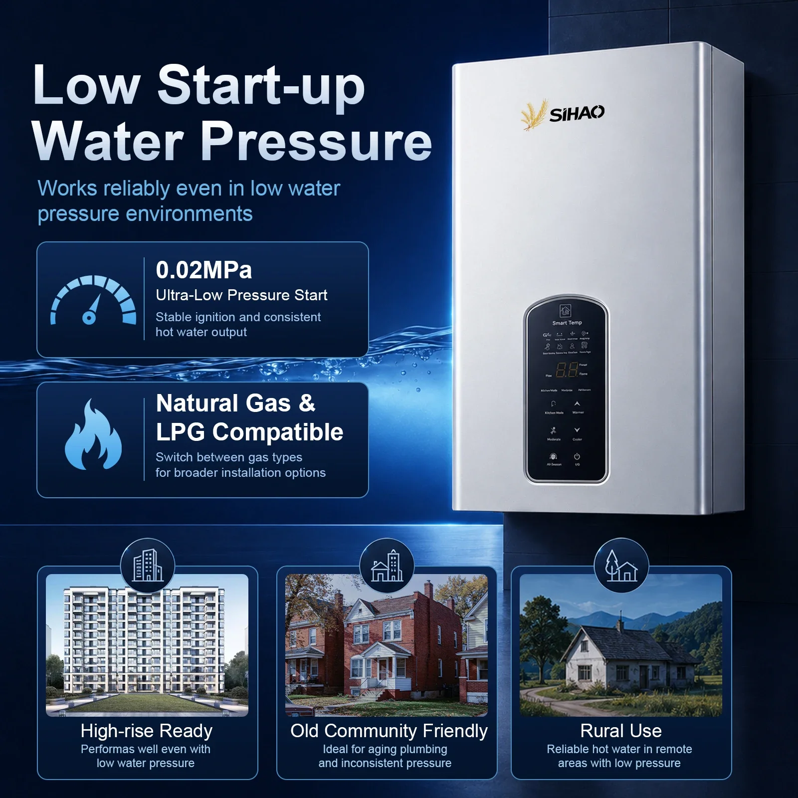 SIHAO 10L 12L 14L Tankless Thermostatic Natural Gas Water Heater Instantaneous Smart Temp Touch Control Digital Display Intelligent Energy Saving Safe for Home Bathroom Kitchen