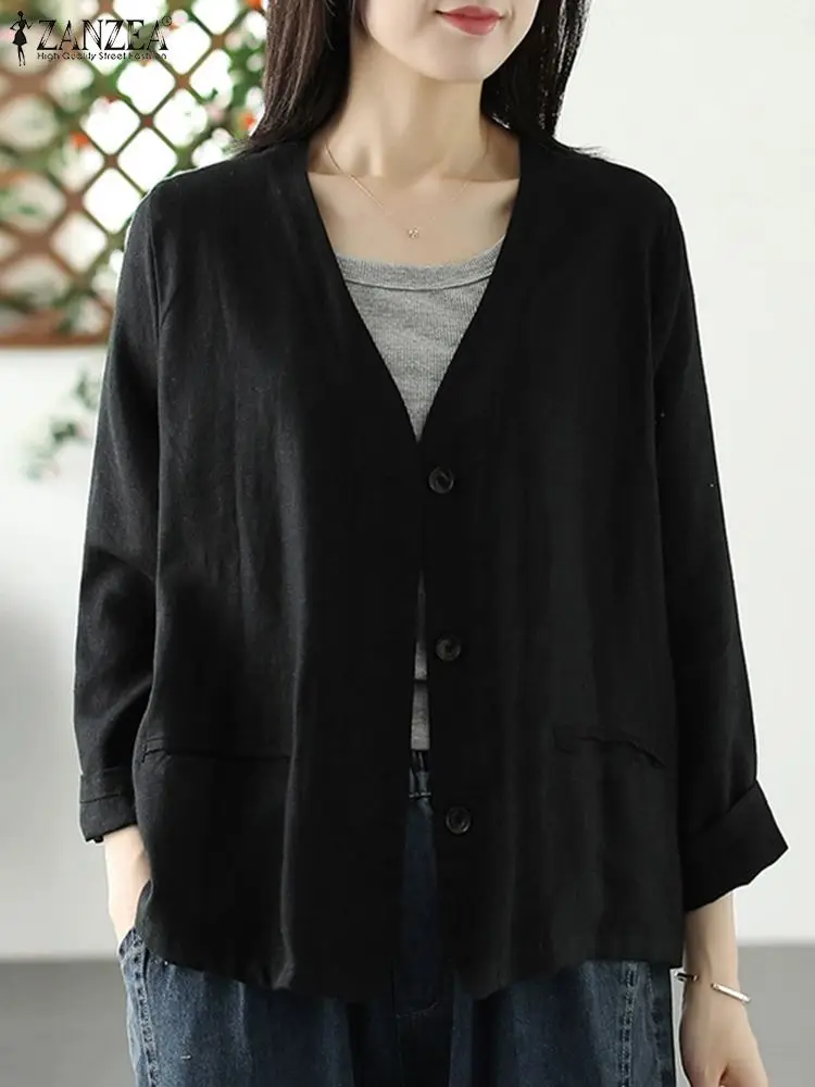 

2024 ZANZEA Spring Cardigan Vintage Women Cotton Shirt Casual V Neck Long Sleeve Solid Work Blouse Female Buttons Down Blusas