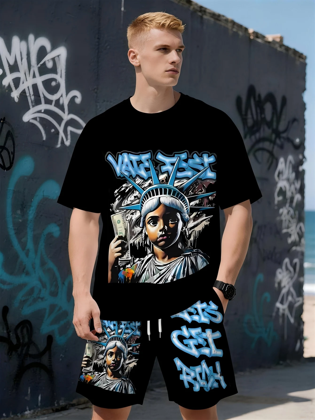

2026 Summer New Men's Short-Sleeved Set with 3D Letter Pattern Print for Street Casual Fashion Comfortable and Soft