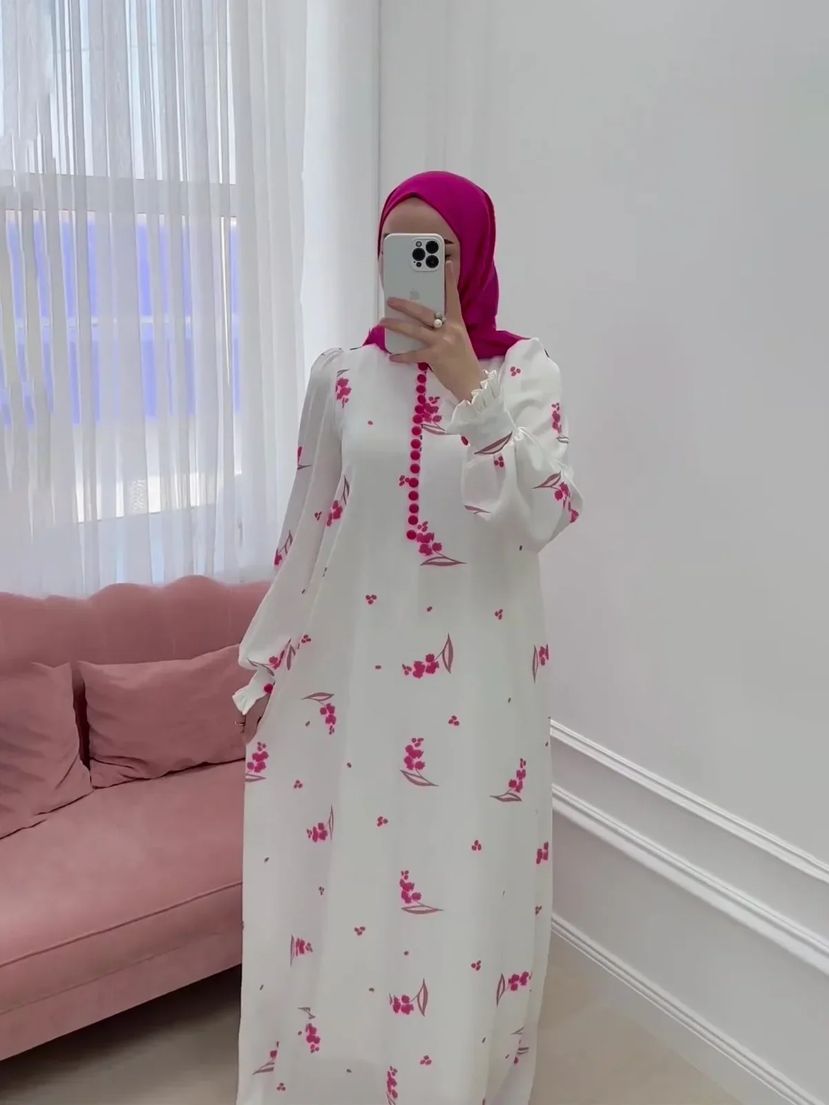 Eid มุสลิมชุดผู้หญิงหวานพิมพ์ชุดยาวปุ่ม Ramadan โมร็อกโก Vestidos Largos ดูไบตุรกี Robe Jalabiya 2025