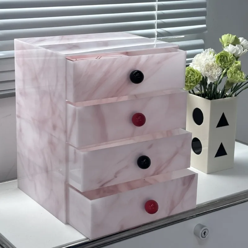 صندوق تخزين مستحضرات التجميل، أكريليك رخامي عالي الجودة، مقاوم للغبار على سطح المكتب، خزانة تخزين بأدراج