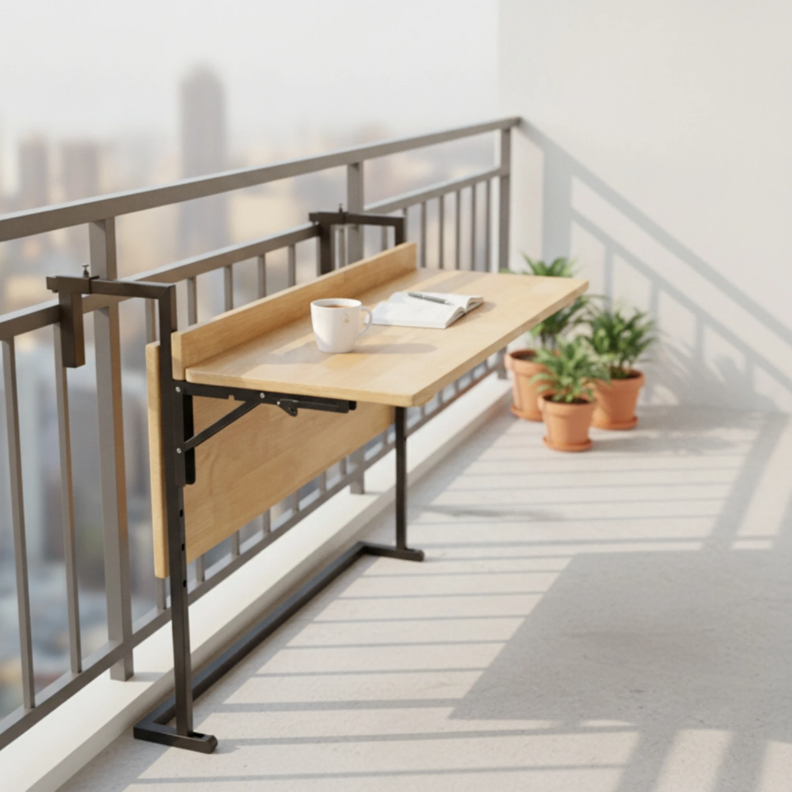 Foldable Balcony Bar Table Heavy-Duty Railing-Mounted Table with Wood Tabletop Furniture Collapsible Compact