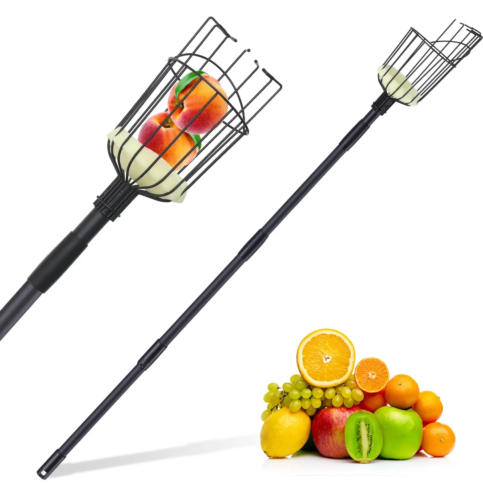 Fruit Picker Adjustable Black Fruit Picking Pole Long Handle Fruit Catcher With Basket