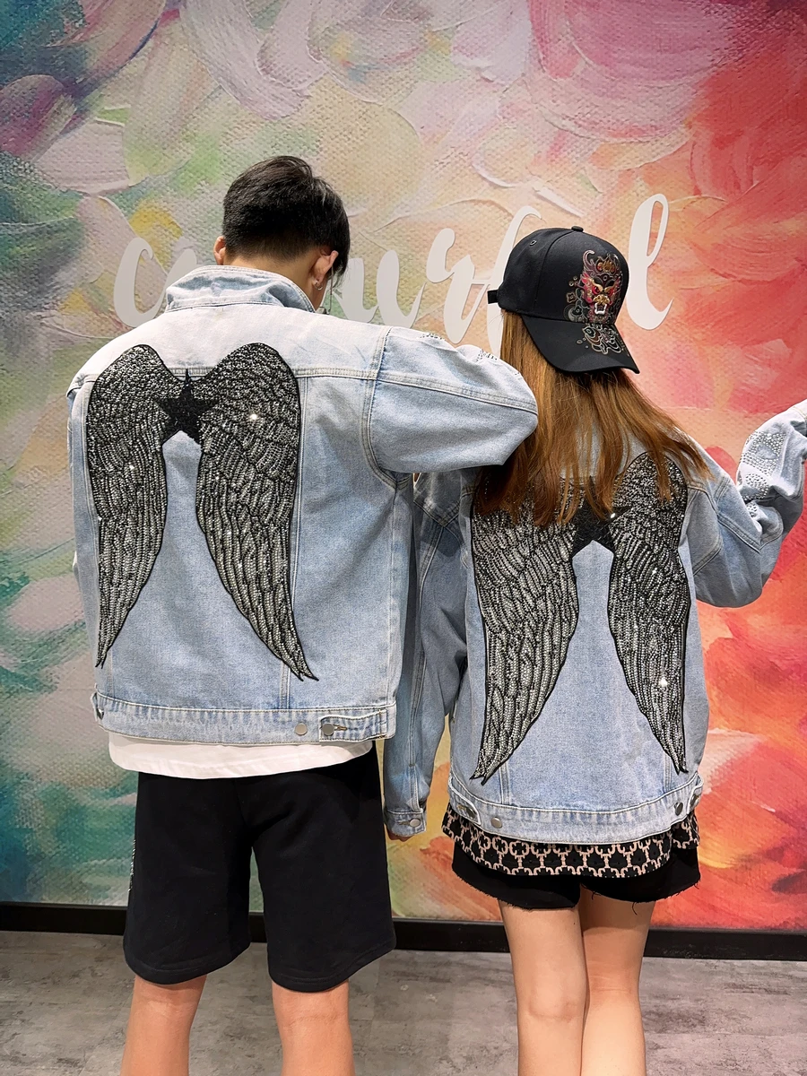 

Luxury Big Wings Hot Drilling Denim Jackets Harajuku High Quality Autumn Shiny Water Diamond Jeans Coat Unisex Outerwear Blue