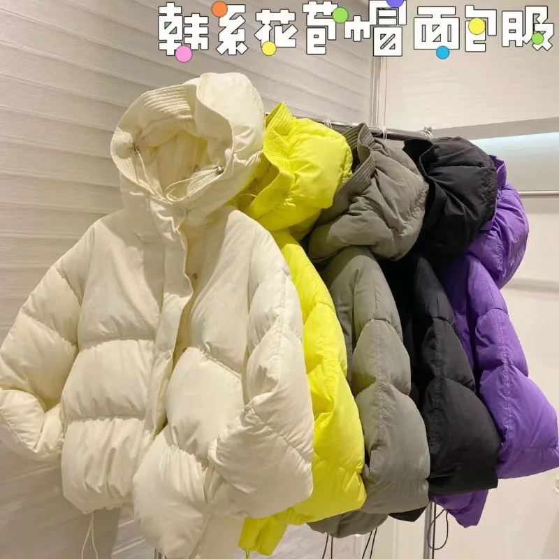 Winter New Korean Flower Bud Hat Down Jacket for Women Short Fit Loose Oversized Puffer Coat Thickened Cotton-Filled Outerwear