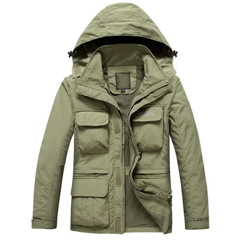 Men's Tactical Jacket Spring Autumn Removable Sleeve Vest Jackets Waterproof Military Coat Multi Pockets Hooded Windbreaker 4XL