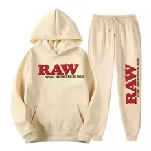 RAW Men's Set Hooded Fleece Hoodie Sweatpants Running Men's Two Pieces Set Autumn Winter Casual Woolen Sportswear Comfortable