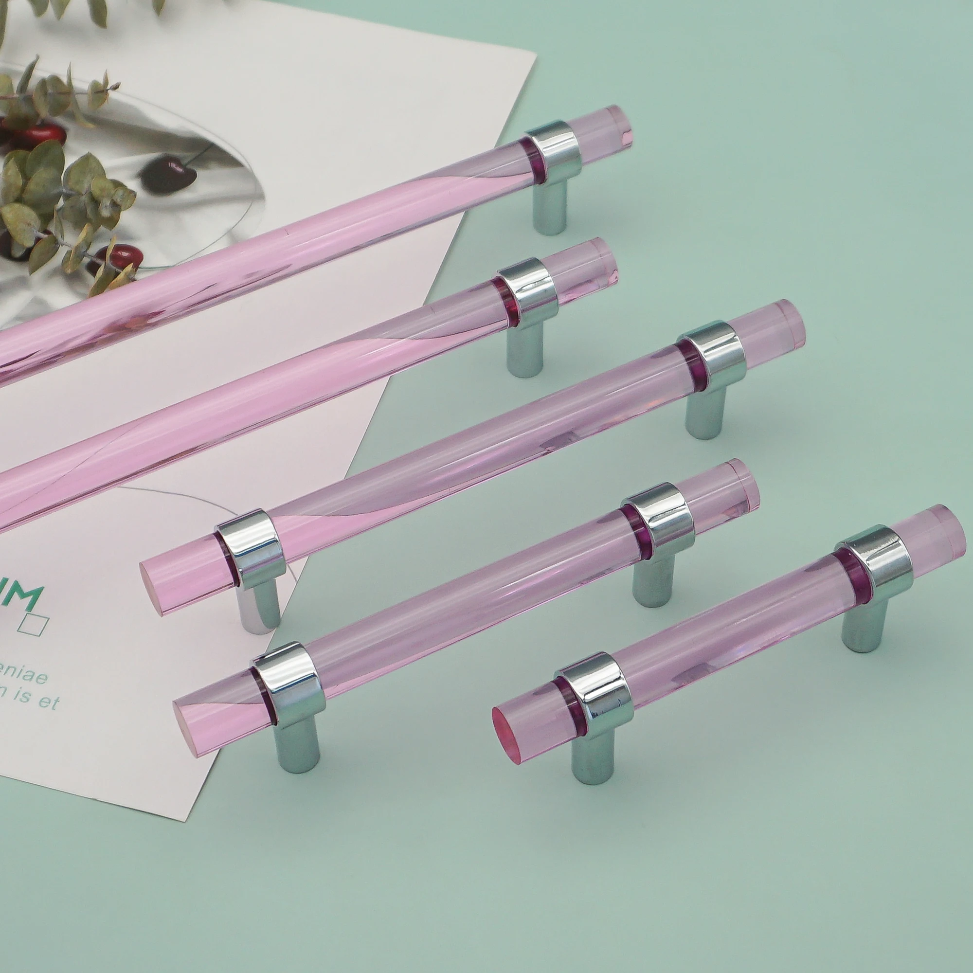 Pink Acrylic Handles for Furniture Bright Chrome Zinc Alloy Kitchen Cabinet Handles Wardrobe Pulls T bar Cupboard Door Knobs