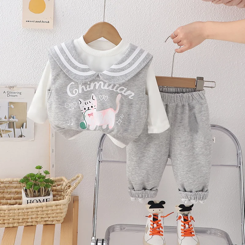 Cute Kitty Print Baby Girl Three-Piece Clothes Sailor Lapel Vest Long Sleeve Tee Loose Sport Pants Toddler Spring Autumn Outfit