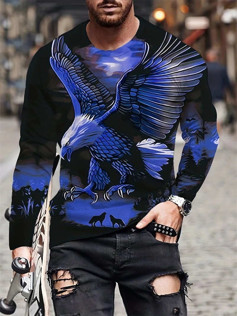 Men\'s Eagle Hand-painted Pattern Casual T-Shirts Long Sleeve Streetwear 3D Animal Printing Hip Hop Male Tops Tee Plus Size 4XL