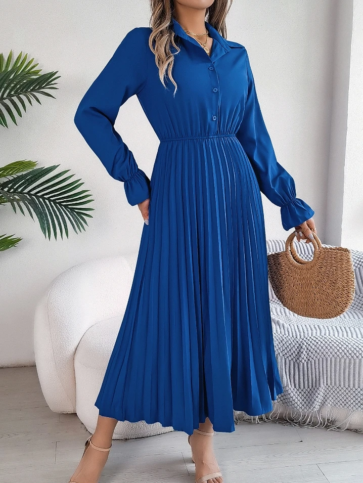 

Fashionable casual women's lapel button long sleeved waist cinched pleated long skirt 2024 autumn new women's clothing