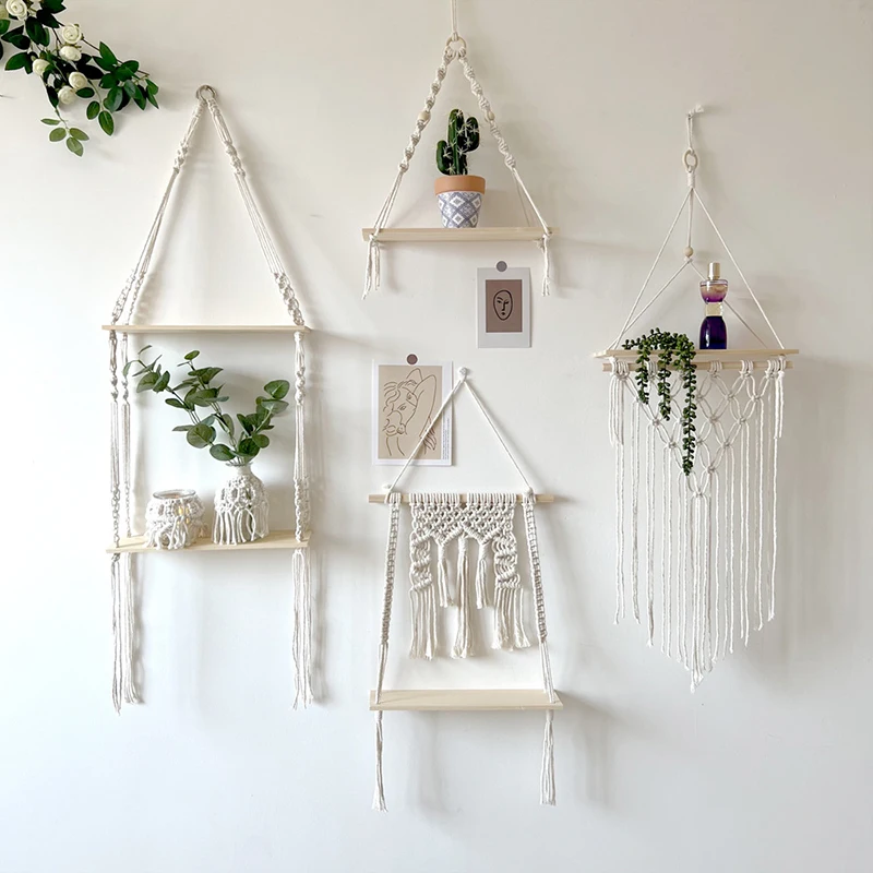 Tapestry Storage Rack Wall Hanging Shelf Tassel Wood Decor Woven Wall Hanging Board Shelves Home Bedroom Living Room Cake Stand