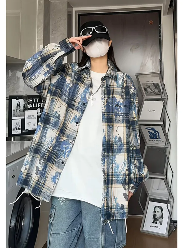 

Мужская повседневная свободная летняя рубашка с защитой от УФ-излучения, синяя, из полиэфирного волокна, с длинными рукавами, в клетку, в американском стиле