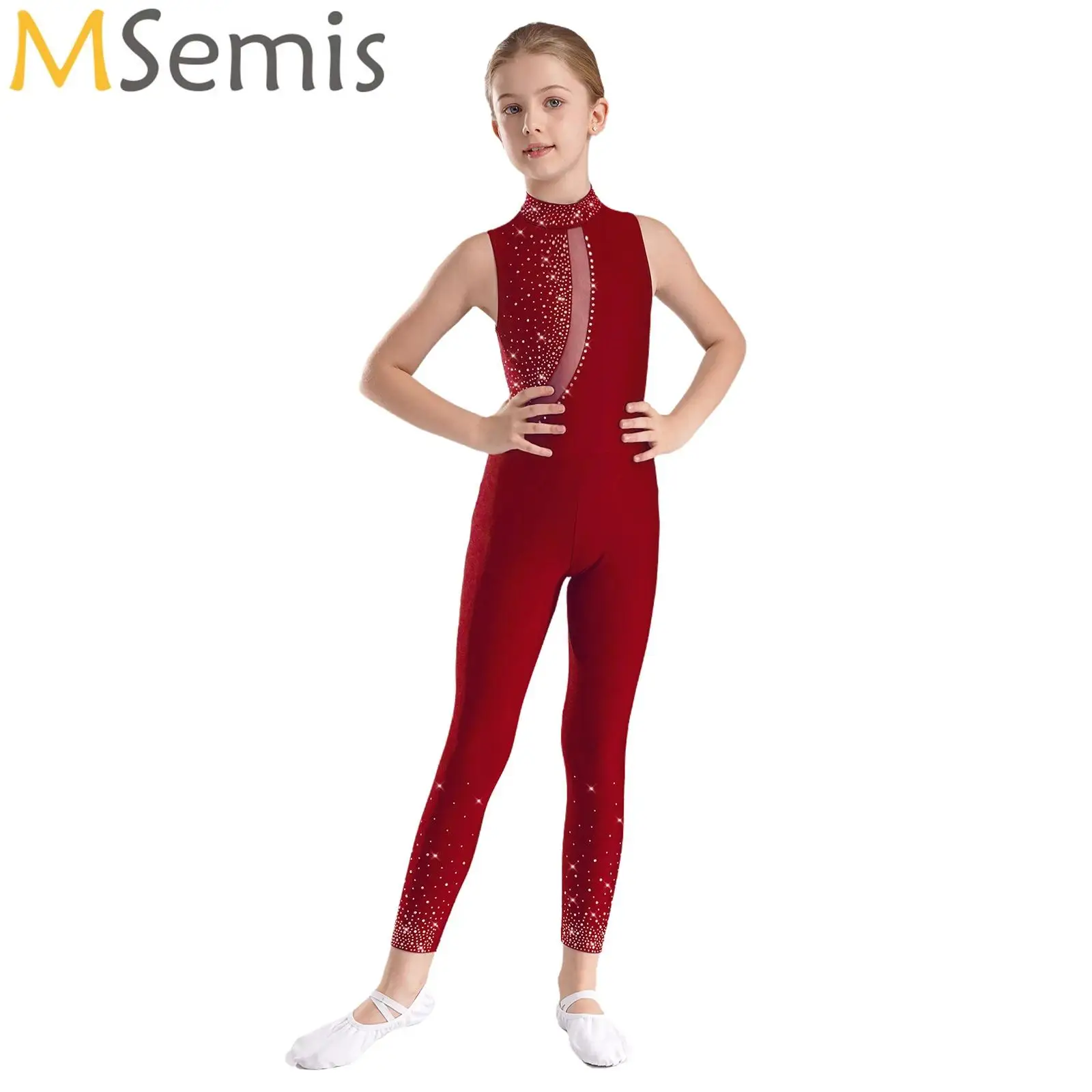 

Kids Girls Figure Skating Leotard Shiny Rhinestone Jumpsuit Sheer Mesh Sleeveless Bodysuit Gymnastics Ballet Dance Costume