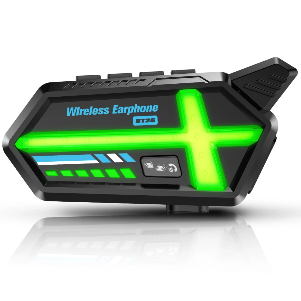 

Беспроводная гарнитура для мотоциклетного шлема BT26 с цветными световыми эффектами и функцией интеркома для 2 человек