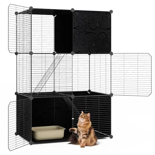 Cat Cages Indoor, 3-Tier DIY Cat Enclosure with 2 Ladders, Detachable Metal Wire Kennel Catio with 3 Lockable Doors