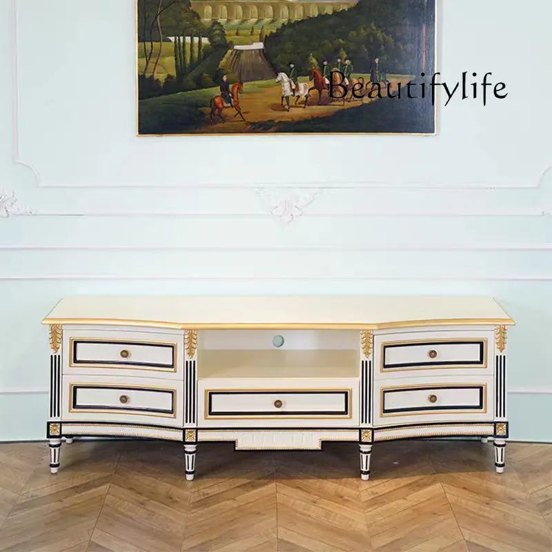 

French light luxury court solid wood carving flower TV cabinet European neoclassical living room retro old gold storage cabinet