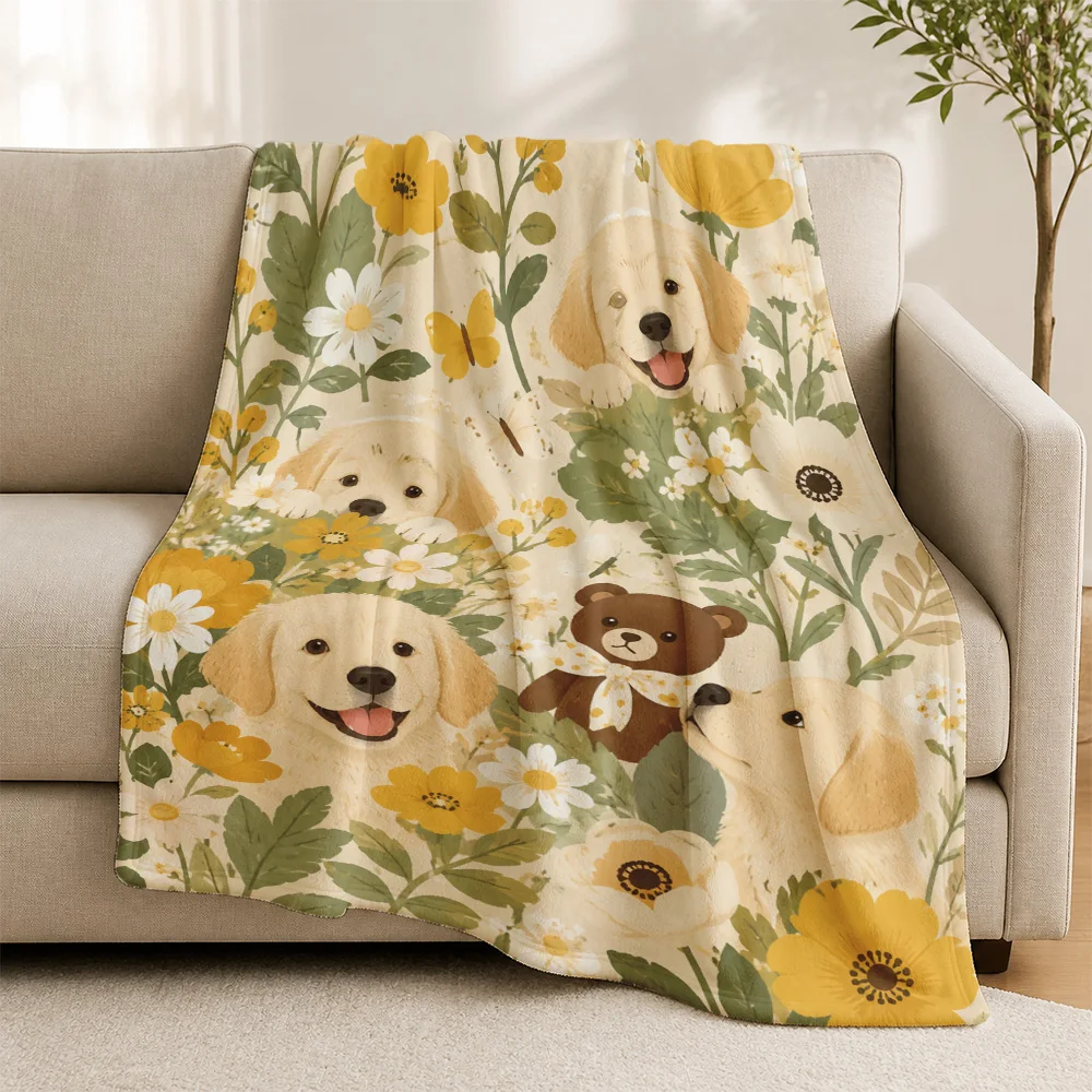 Cozy Yellow Floral Puppy Dog Print Blanket Throw Couch Cover for Sofa Living Room Home Decor Autumn Spring Teddy Bear Nap Gift