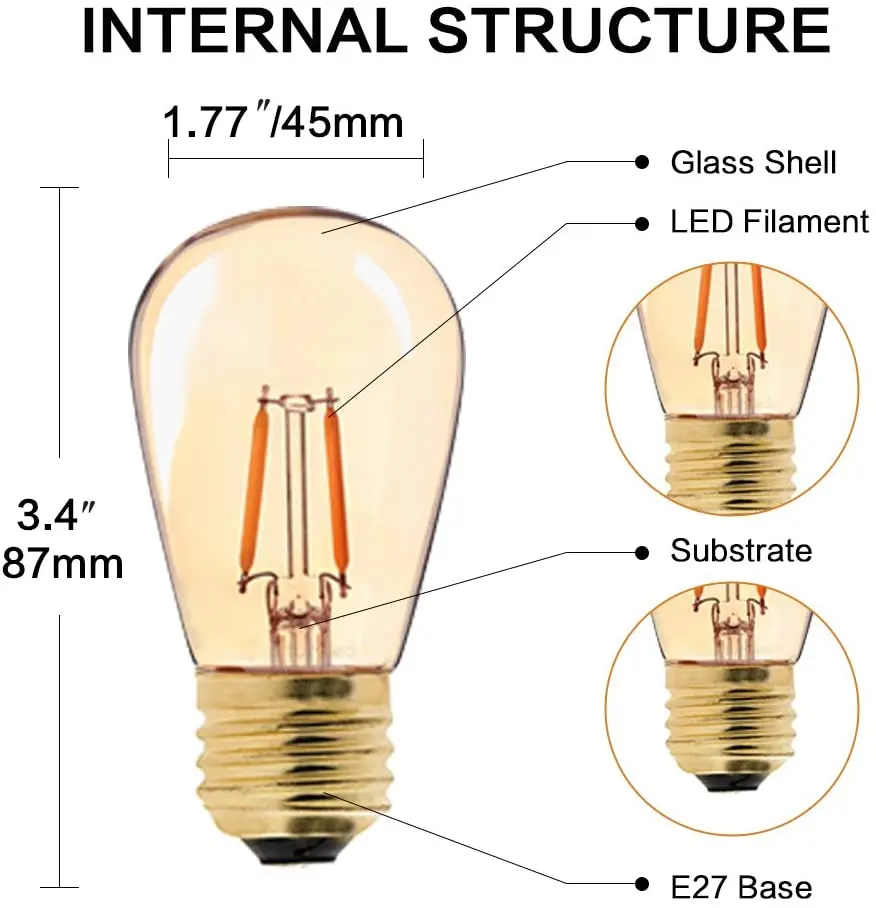 Imagem -03 - Vintage Led Bulbo E27 1w Vidro Âmbar St45 Pode Ser Escurecido Lâmpada Led Quente Amarelo 2200k Edison Lâmpada de Luz para Iluminação da Corda S14