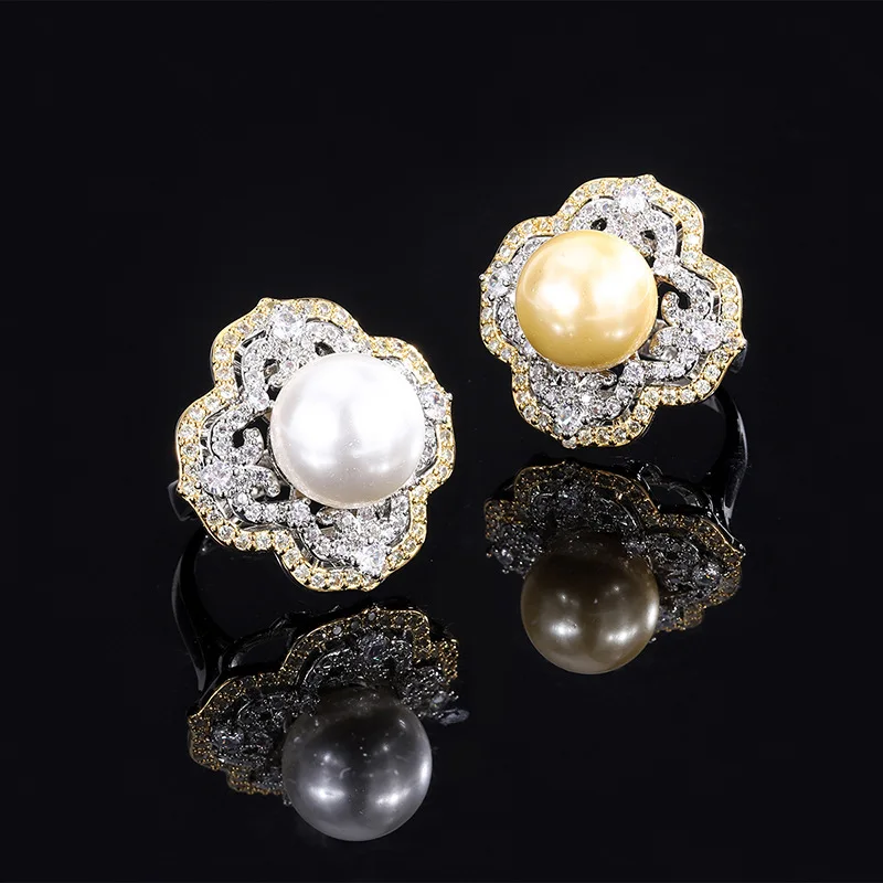 

Jewelry inlaid with gold and white shell pearls, light gold color, fashionable diamond-studded ring, electroplated 14mm