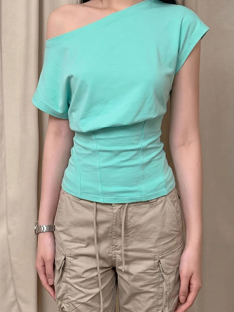 Nibber Off-Shoulder Fashion Skew Collar T-Shirt Damen Trend Einfache Kurzarm-Patchwork-Stretch-Casual-Shirts Chic High Street Tees – Detail 5