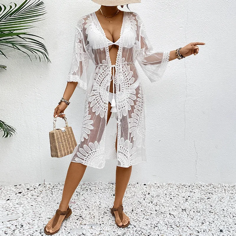 BLACK SWEET 2024 New Sexy Transparent Lace Cardigan Beach Dress Women Bikini Outerwear V-Neck Beach Cover Ups for Swimwear Women