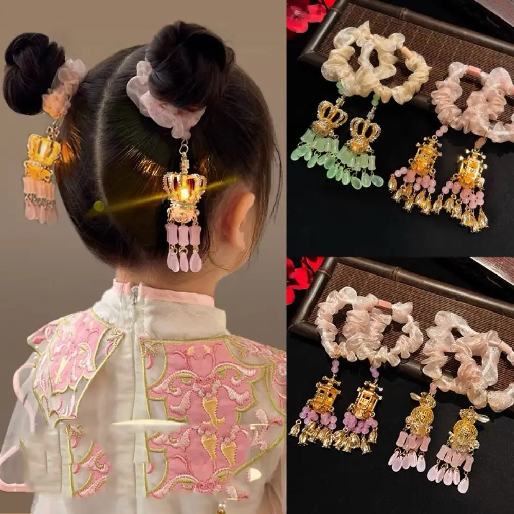 Retro Chinese Ancient Style Lantern Luminous Hair Rope Rabbit Crown Children Hair Ring Elastic Hair Band New Year Women