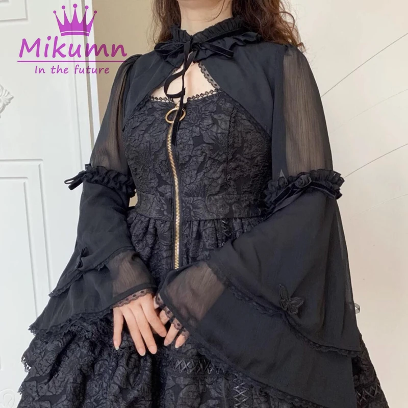 Mikumn Vintage Gothic Black Bat Neck Ruffles Flare Sleeve Cardigan Shirts Lolita Kawaii Cosplay Cropped Tops