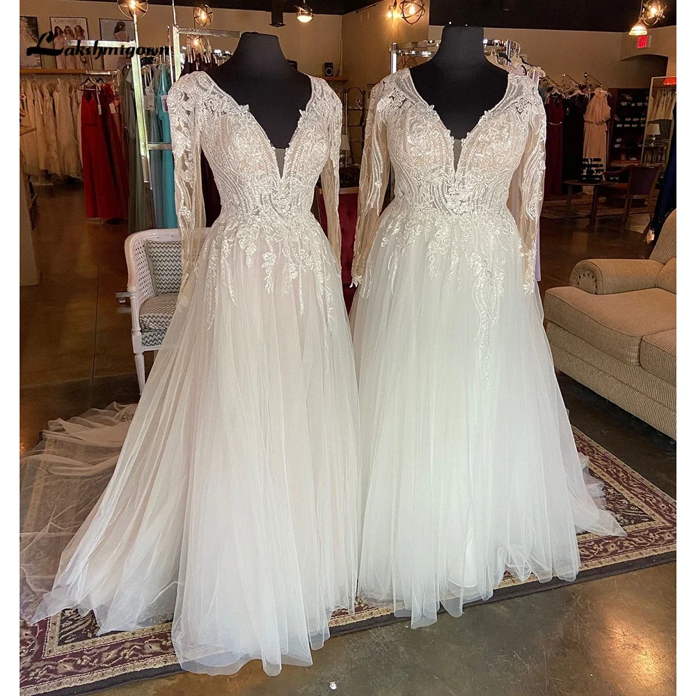 

Boho V Neck Long Sleeves Sexy Open Back Lace Tulle Plus Size A Line Wedding Dress For Women Beach Bridal Gown Sweep Vestido Robe