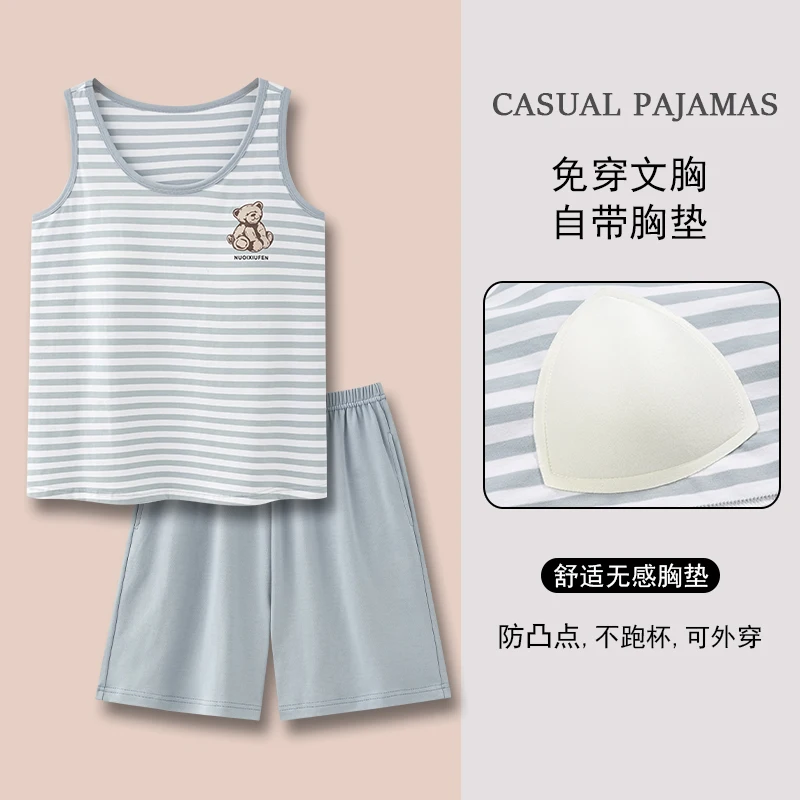 Summer Pyjamas With Chest Pad Women 100% Cotton Vest Pajamas Set Casual Soft M-4XL Ladies Sleepwear Home Clothing