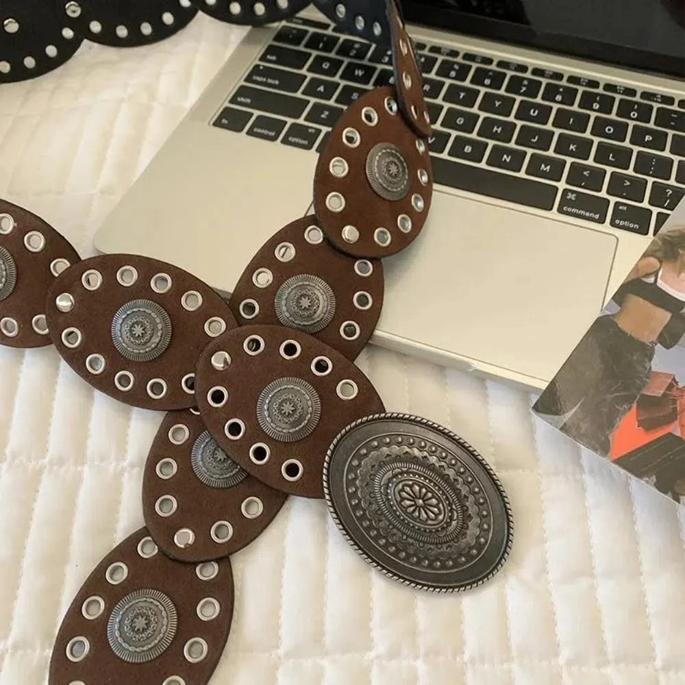 Cintura da donna vintage di nicchia in pelle PU Y2k cintura ovale in vita punk nero marrone abito jeans cintura accessori in vita