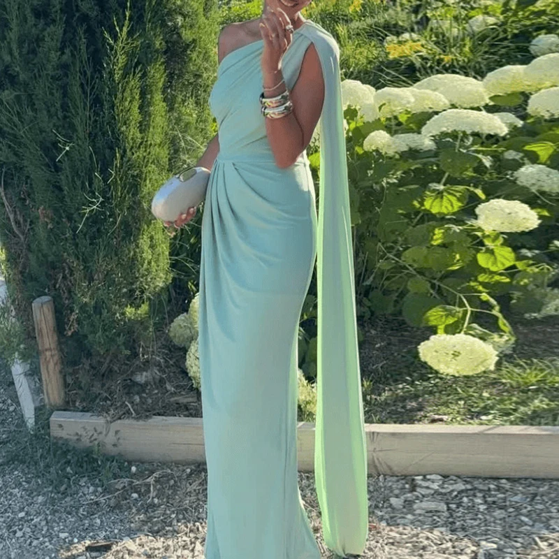 المرأة مثير بلا أكمام مزاجه فستان الحفلات موضة ثنيات عالية الخصر فستان طويل أنيق مائل طوق غير النظامية رداء فستان