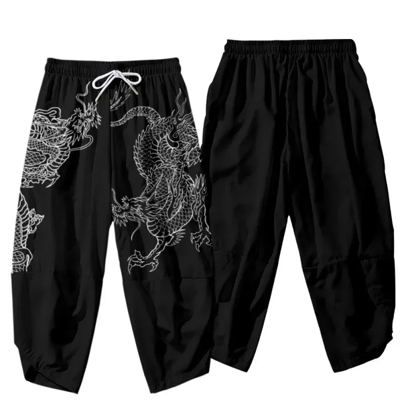 Anime Dragon Printed Black Men Japanese Harem Trousers Casual Elastic Waist Kimono Cropped Pants Boys Cosplay Costume MN7