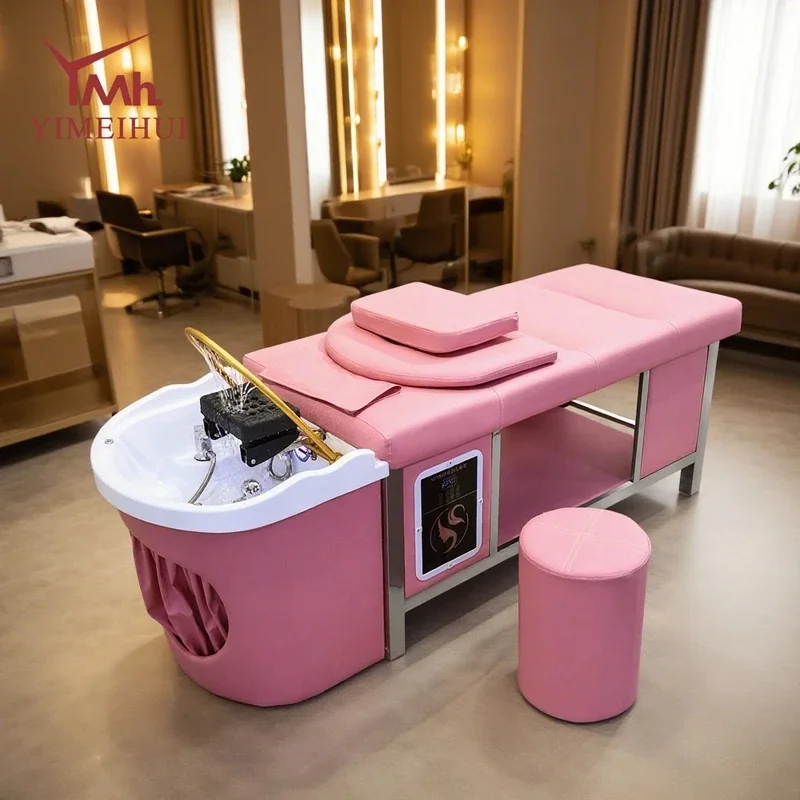 Wholesale Synthetic Leather Spa stainless steel japanese head spa equipment pink shampoo bed for Salon Barbershop