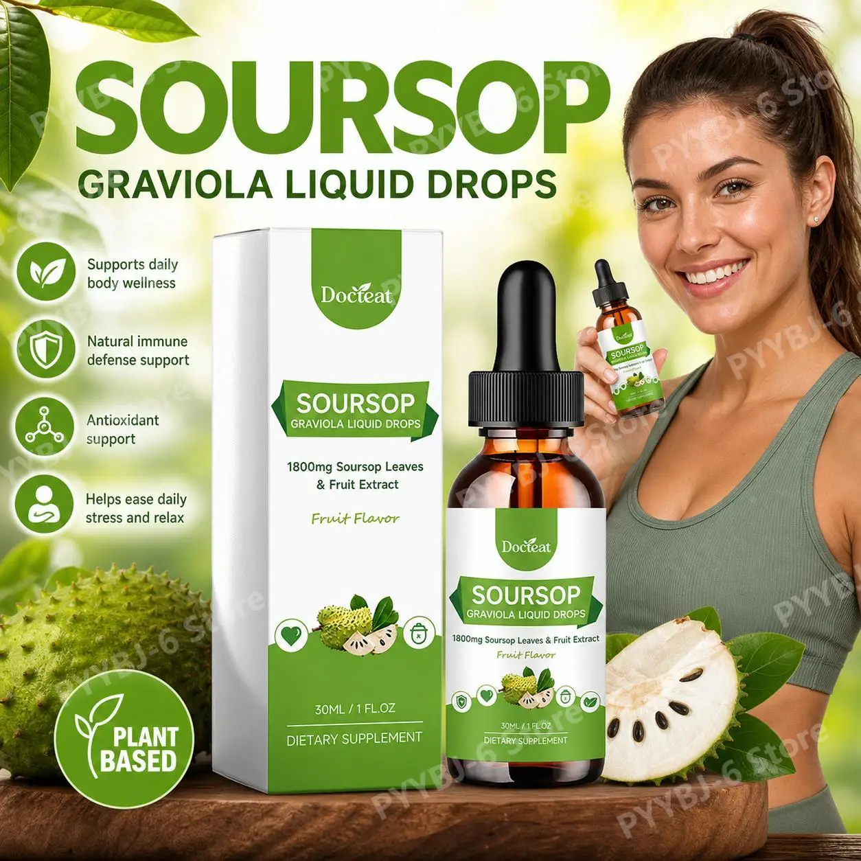 Gotas de Guanábana Docteat, 30 ml, Extracto de Hoja y Fruto, Sabor Natural, Favorece el Estado de Ánimo Tranquilo, Relajación, Bienestar Diario, 30 Porciones