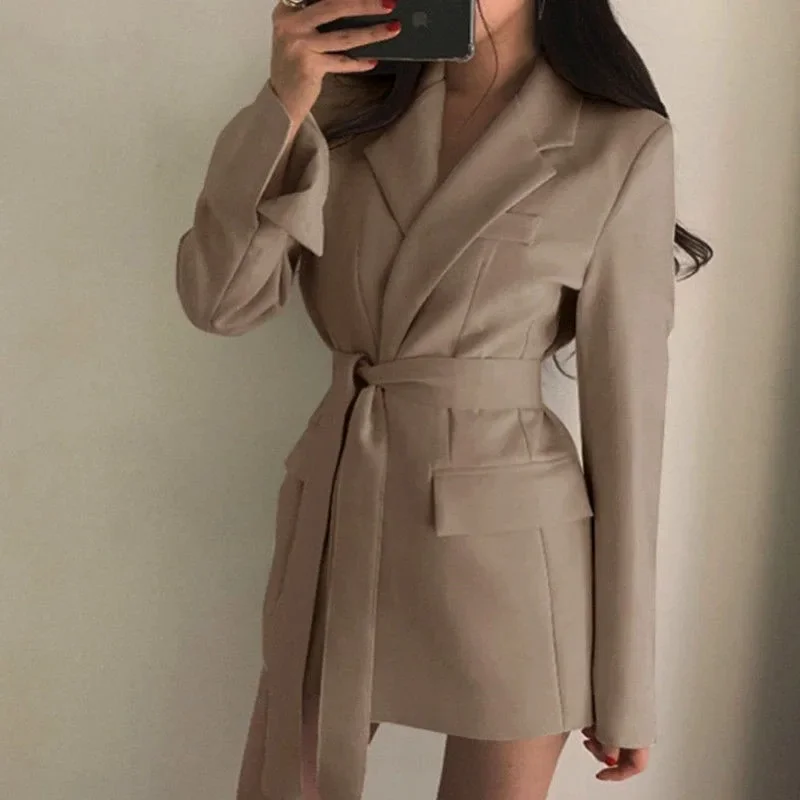 Suit Jacket Women Autumn New Korean Long Coat with Belt Office Lady Turndown Collar Female White Slim Casual Women Blazers