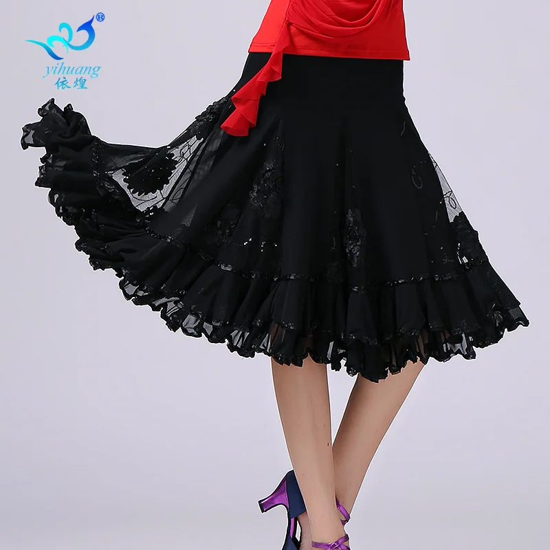 Latin Dance Skirt Ballroom Dance Skirt Sequin Embroidered Performance Dress Large Swing Skirt National Standard Ballroom Dance