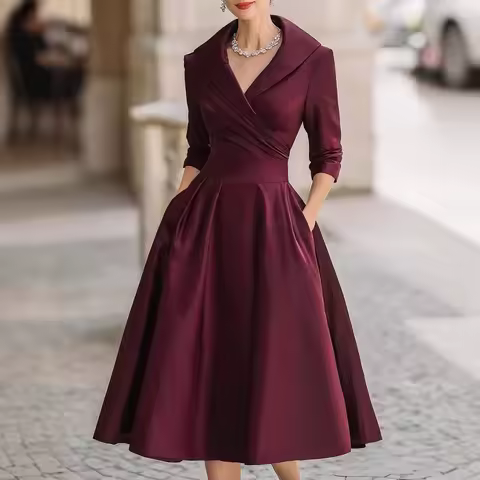 Women Wedding Guest Dress Turn Down Collar Pocket Mid-Length Evening Party Dress Cocktail Midi Swing Dresses SZE-ST25121